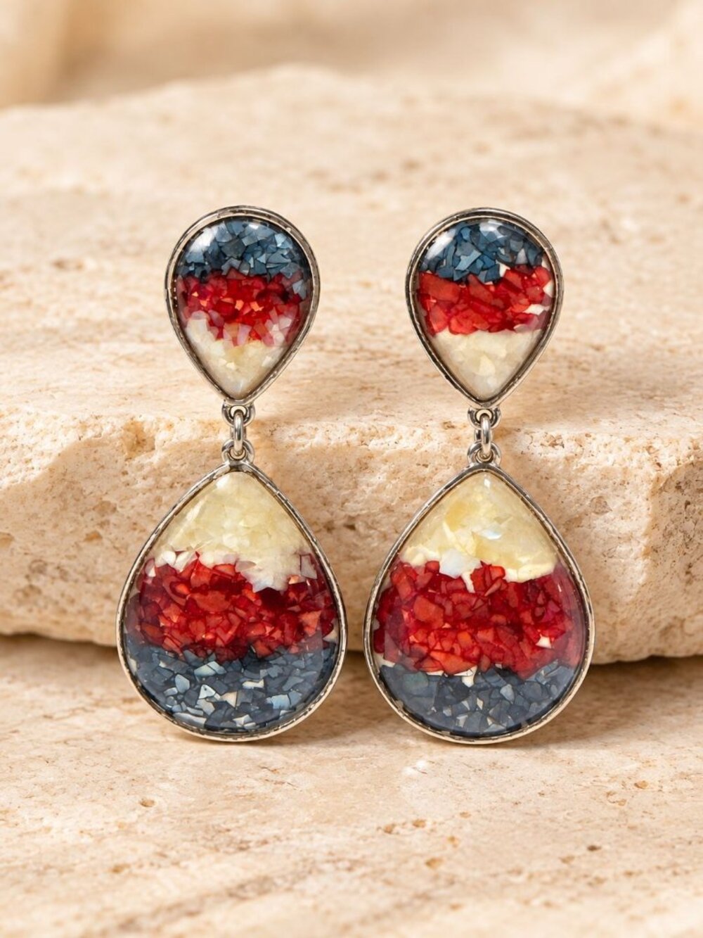 Teardrop Dangle Earrings Resin Multicolor Red/Blue/White Layered